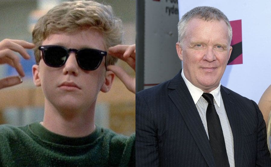 Anthony Michael Hall with sunglasses on in a scene from The Breakfast Club / Anthony Michael Hall on the red carpet today