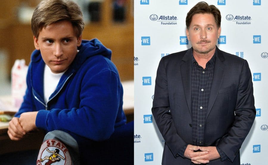 Emilio Estevez leaning on his knee in the library / Emilio Estevez on the red carpet today