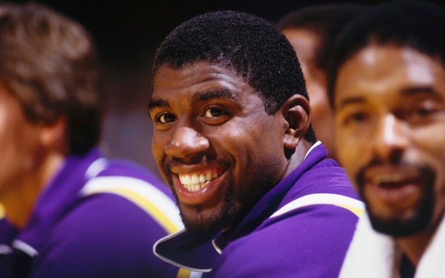 A portrait shows Los Angeles Lakers' center Earvin