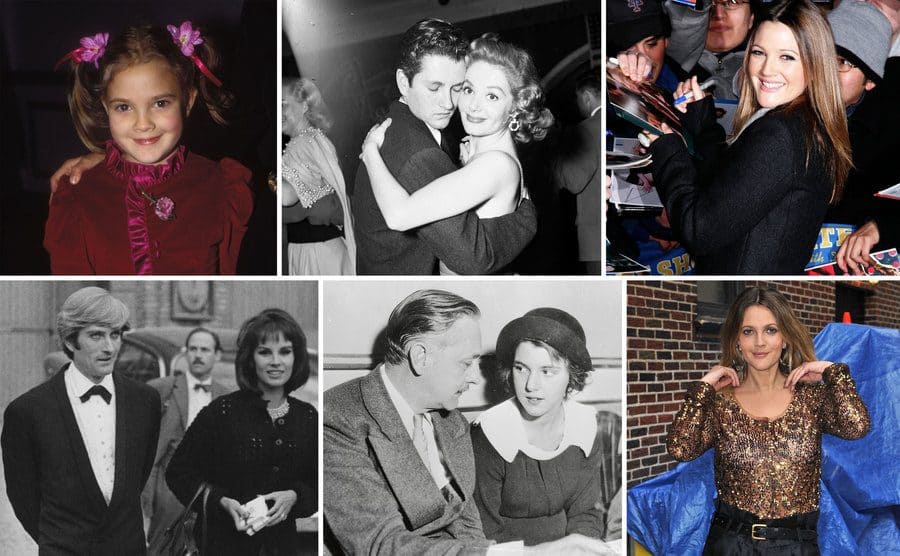 Drew Barrymore as a young girl with pigtails in / John Barrymore Jr and his wife dancing / Drew Barrymore signing autographs in 2007 / John Drew Barrymore walking with an actress in 1963 / John Barrymore and his daughter Diana circa 1935 / Drew Barrymore posing with a bronze sequined shirt on