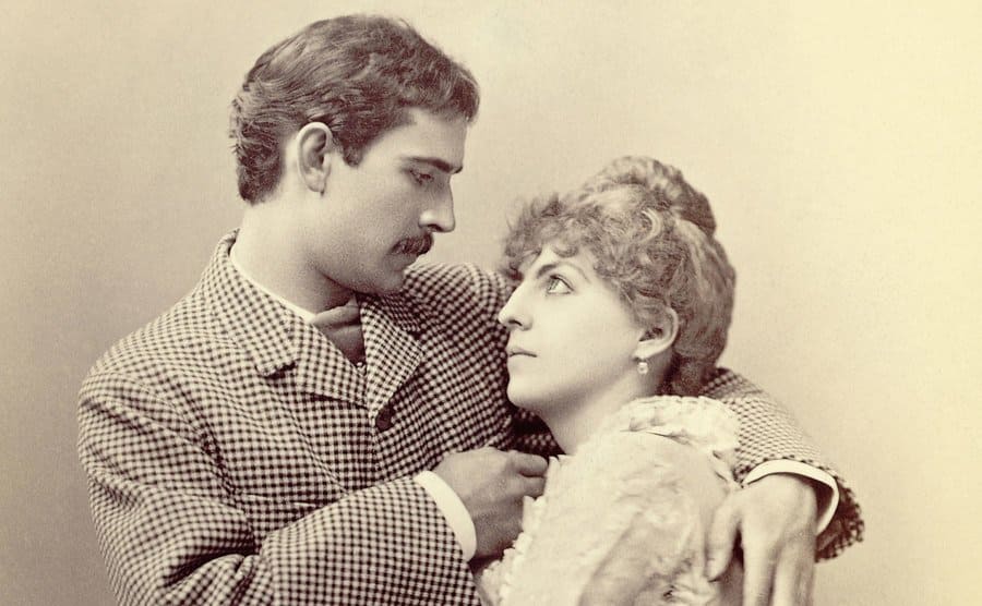 Maurice Barrymore and Georgina Drew circa the 1870s-80s posing embracing