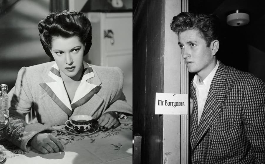 Diana Barrymore sitting at a table with a cup of tea in a nice China set in the film Nightmare / John Drew Barrymore poking his head out of his dressing room with a sign with ‘Mr. Barrymore’ written on it