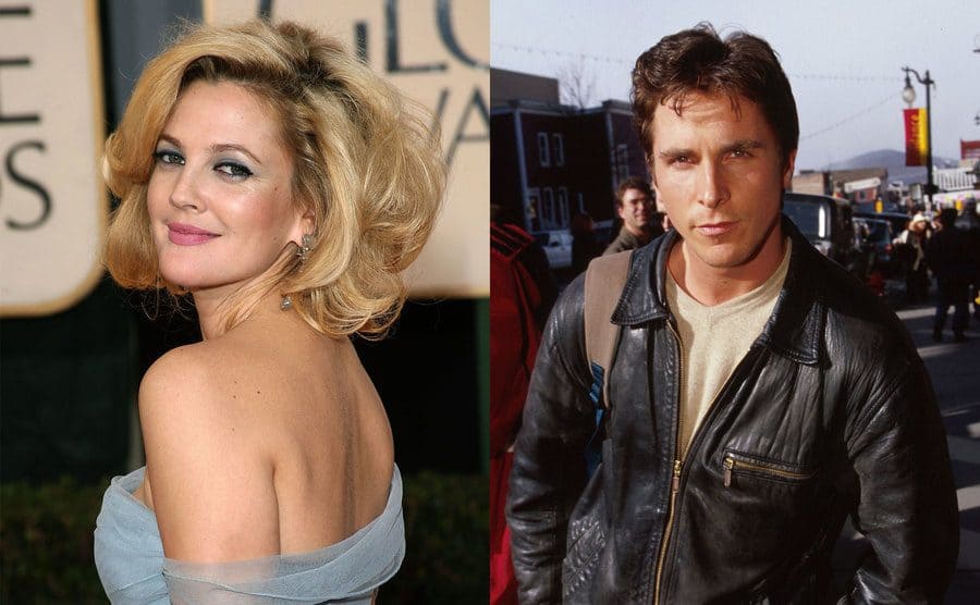 Drew Barrymore on the red carpet / Christian Bale posing in a leather jacket for paparazzi