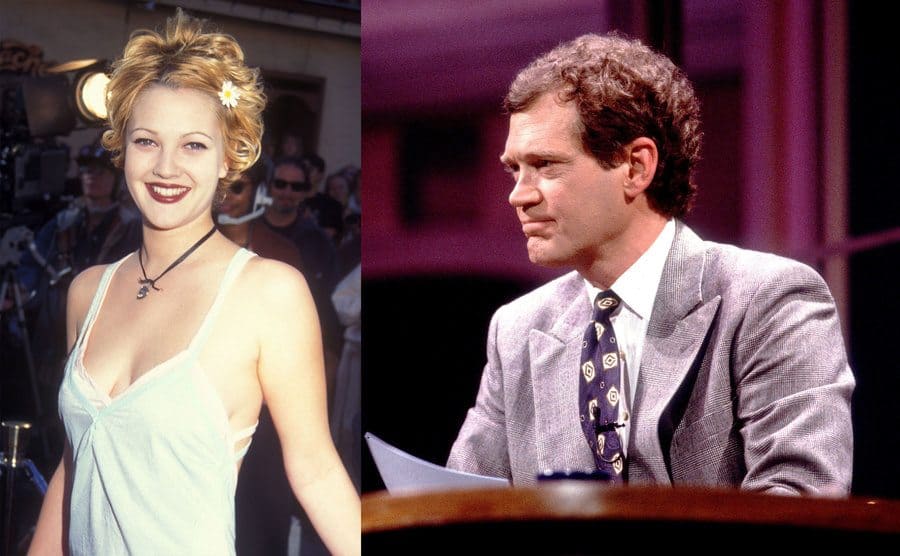 Drew Barrymore on the red carpet in 1995 / David Letterman behind his desk on the set of his show in 1989