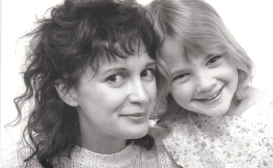 Jaid and Drew Barrymore posing together in a black and white photograph in 1982
