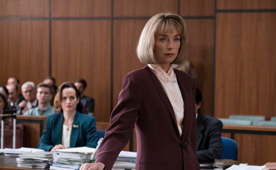 Julianne Nicholson as Megan Wheeler in court in a scene from Law and Order