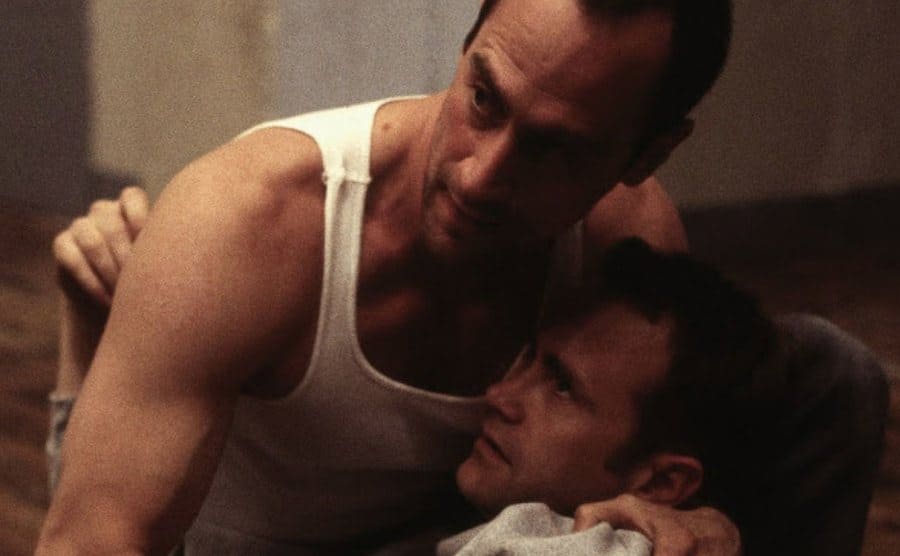 Christopher Meloni holding Lee Tergesen in a scene from Oz