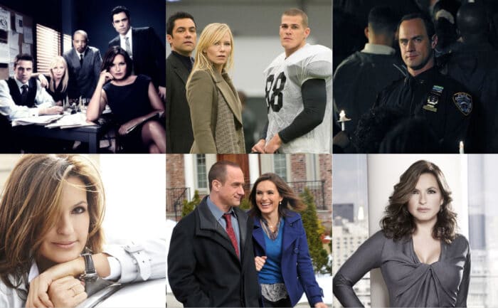 The cast of Law and Order season 15 posing around a desk / Danny Pino, Kelly Giddish, and Greg Finley on the football field in an episode of Law and Order / Christopher Meloni as Elliot Stabler in uniform / Mariska Hargitay as Olivia Benson posing leaning on her elbow / Christopher Meloni and Mariska Hargitay sharing a joke on the set of Law and Order / Mariska Hargitay as Olivia Benson posing in front of a view a New York skyline in a promotional photograph