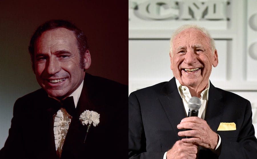 Mel Brooks sitting and smiling in a scene from the movie Silent Movie 1976 / Mel Brooks today standing and smiling in front of a crowd