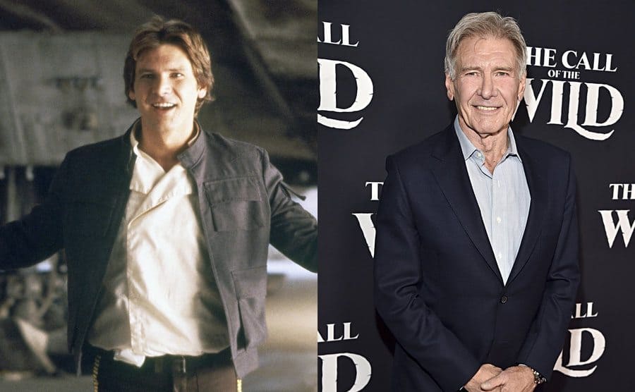 Harrison Ford, with his arms, spread open, greeting someone behind the camera on the set of Star Wars / Harrison Ford on the red carpet today