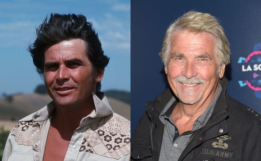 James Brolin standing in an open mountain view circa 1977 / James Brolin on the red carpet today