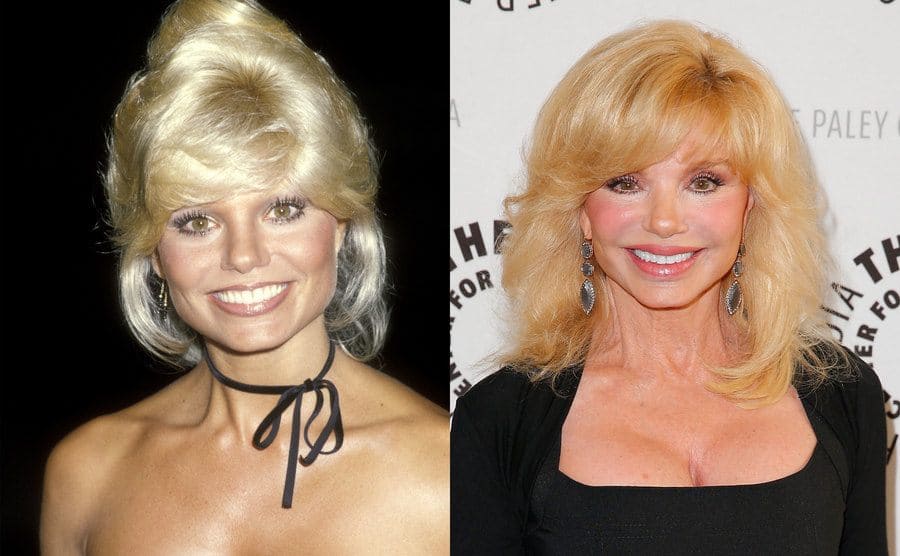 Loni Anderson posing on the red carpet in 1979 / Loni Anderson on the red carpet in 2014