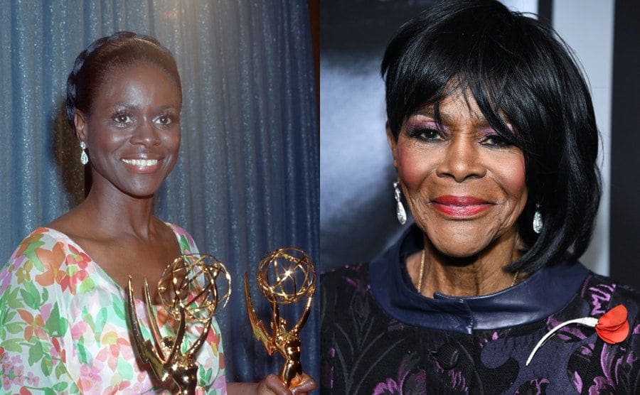 Cicely Tyson holding two Emmy Awards in 1974 / Cicely Tyson on the red carpet shortly before her passing