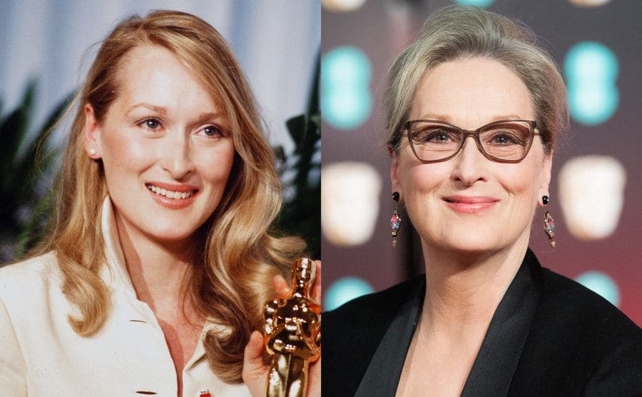 Meryl Streep holding an Academy Award in 1980 / Meryl Streep on the red carpet today