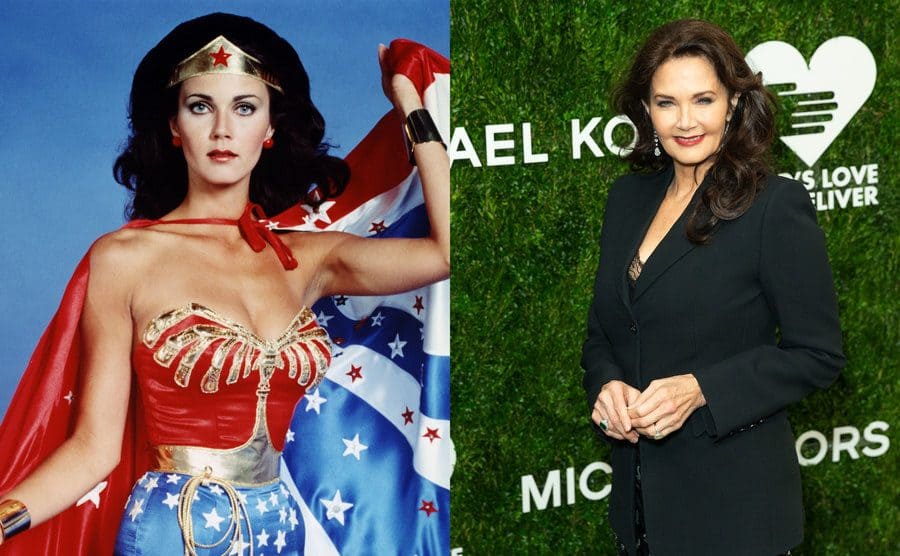 Lynda Carter as Wonder Woman circa 1977 / Lynda Carter on the red carpet today