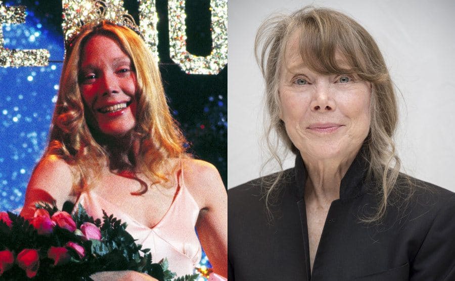 Sissy Spacek holding a bouquet of flowers wearing a crown at senior prom in the movie Carrie / Sissy Spacek on the red carpet today