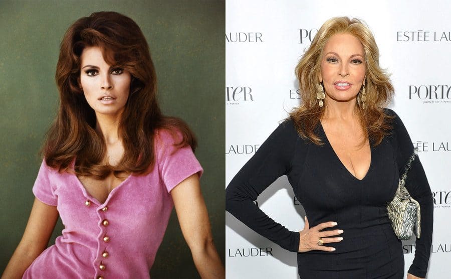 Raquel Welch posing for a portrait when she was younger / Raquel Welch on the red carpet today