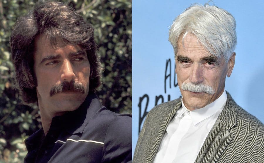 Sam Elliot at the playboy mansion in 1977 / Sam Elliot on the red carpet today