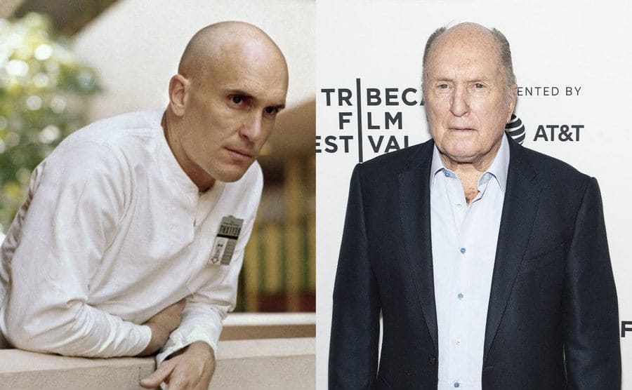 Robert Duvall leaning over a railing in THX 1138 / Robert Duvall on the red carpet in 2019