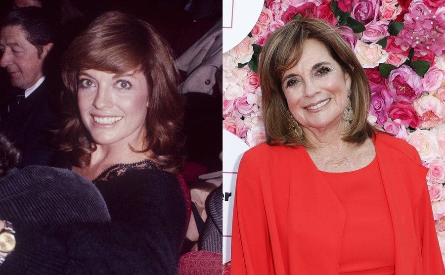 Linda Gray sitting in a theater in the '70s / Linda Gray on the red carpet in 2018