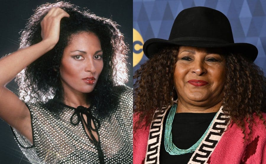 Pam Grier posing for a portrait in 1985 / Pam Grier on the red carpet today