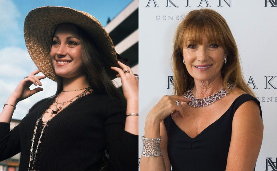 Jane Seymour with a large straw hat on in 1972 / Jane Seymour on the red carpet today