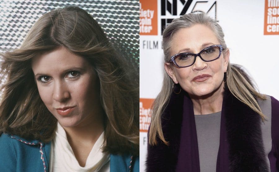 Carrie Fisher with her hair flying backward posing in front of a silver background / Carrie Fisher on the red carpet in 2016