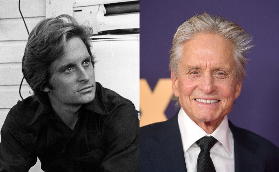 Michael Douglas posing for a portrait sitting on the steps / Michael Douglas on the red carpet today