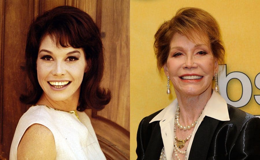 Mary Tyler Moore posing in front of a wooden door / Mary Tyler Moore on the red carpet today