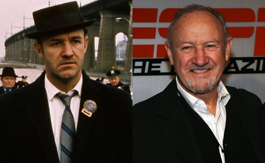 Gene Hackman as a detective in the film The French Connection / Gene Hackman on the red carpet in the early 2000s