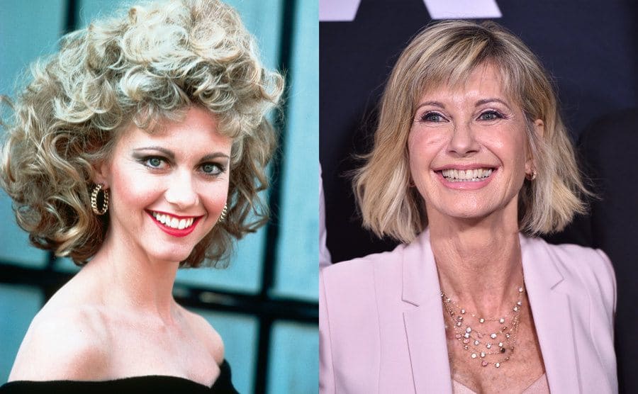 Olivia Newton-John as Sandy in Grease / Olivia Newton-John on the red carpet today