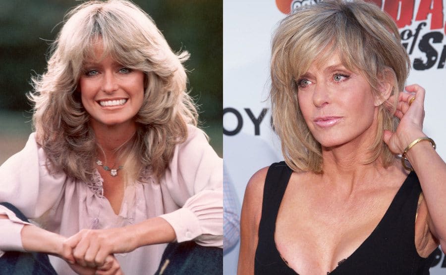 Farrah Fawcett posing in a grassy field / Farrah Fawcett on the red carpet today