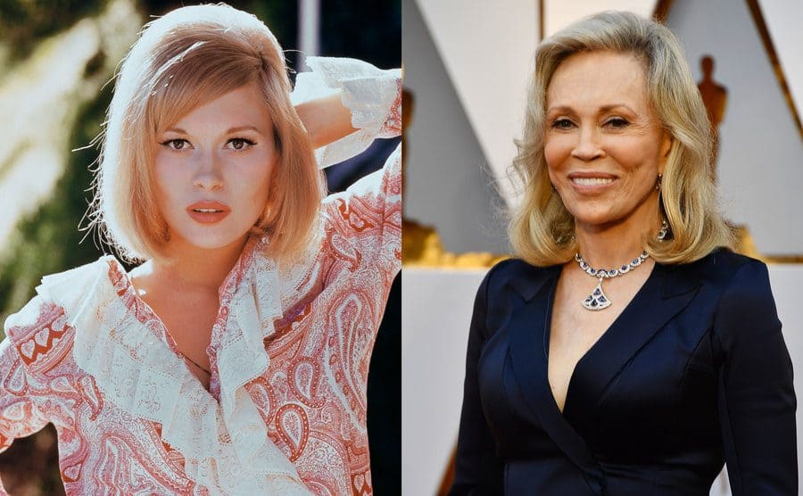 Faye Dunaway posing for a portrait with one hand on her hip and the other on the back of her head / Faye Dunaway on the red carpet in 2017