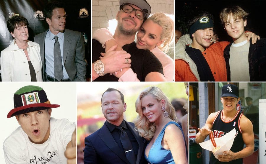 Alma and Mark Wahlberg on the red carpet in 2007 / Jenny McCarthy hugging Donnie Wahlberg for a selfie / Mark Wahlberg and Leonardo DiCaprio posing together on the red carpet in 1993 / Donnie Wahlberg and Jenny McCarthy on the red carpet in 2014 / Marky Mark posing circa 1991 / Mark Wahlberg holding a hot dog up in front of a Fish and Chips place