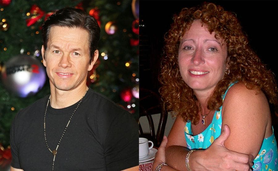 Mark Wahlberg on the red carpet in 2017 with a Christmas tree behind him / A portrait of Debbie Wahlberg leaning on a table at a diner