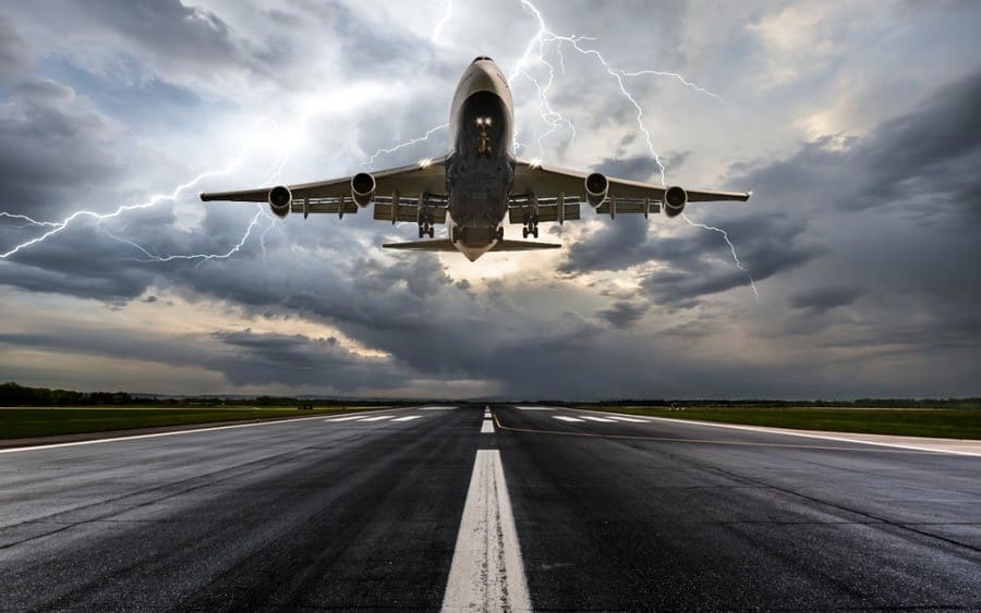 Passenger airplane landing on extreme weather