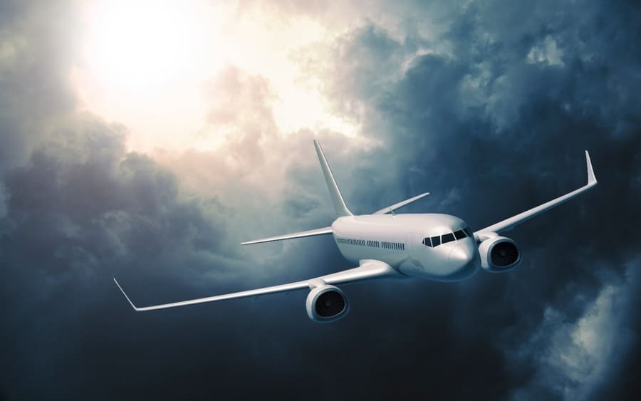 Passenger airplane flying in the storm