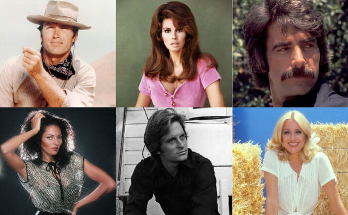 Clint Eastwood as a cowboy in the film Rawhide / Raquel Welch posing for a portrait when she was younger / Sam Elliot at the playboy mansion in 1977 / Pam Grier posing for a portrait in 1985 / Michael DOuglas posing for a portrait sitting on the steps / Suzanne SOmers posing on haystacks for a portrait