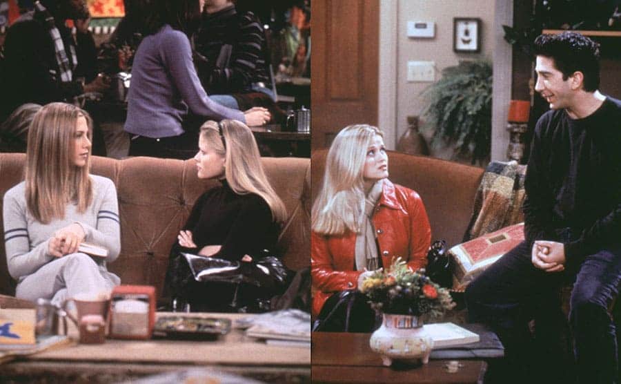 Jennifer Aniston and Reese Witherspoon sitting on the couch at the café / Reese Witherspoon talking to David Schwimmer in his living room 