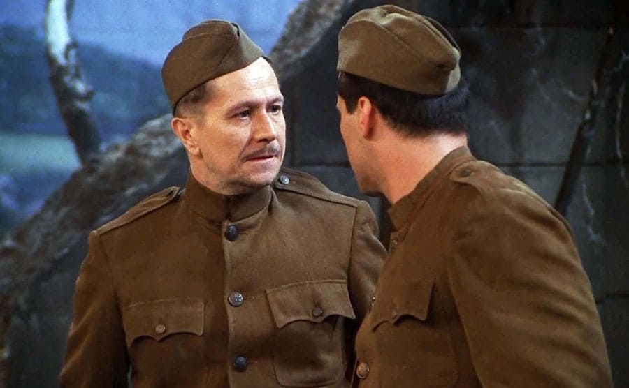 Gary Oldman and Matt LeBlanc in uniforms in a scene from Friends 