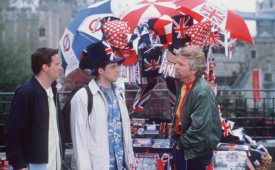 Richard Branson selling Matthew Perry and Matt LeBlanc souvenirs in London 