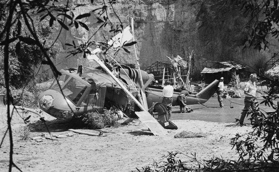 The helicopter being disassembled after the crash which killed Vic Morrow