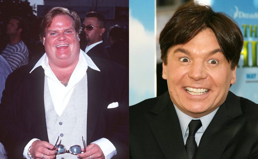 Chris Farley smiling on the red carpet / Mike Myers making a funny face on the red carpet