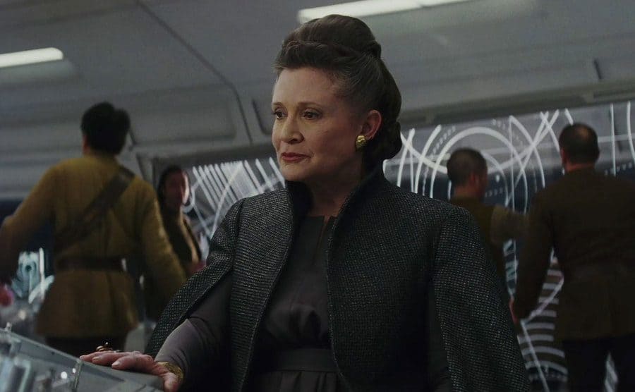 Carrie Fisher on the ship in a scene from Star Wars the Last Jedi