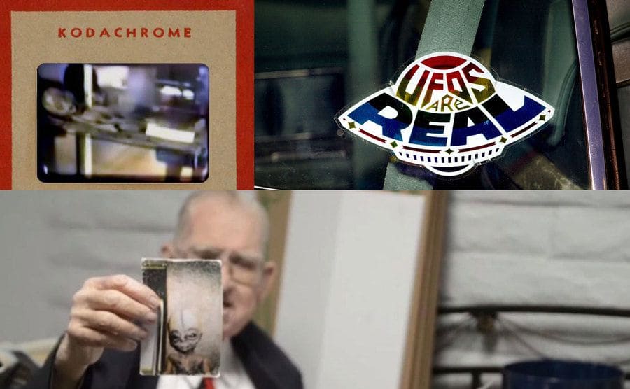 The original Kodachrome slide showing the photograph of the alien/A sticker declares the existence of flying saucers from the window of a car parked on property near Jamul, CA, October 15, 2000./Boyd Bushman showing photographs of aliens from the time he worked in Area 51.