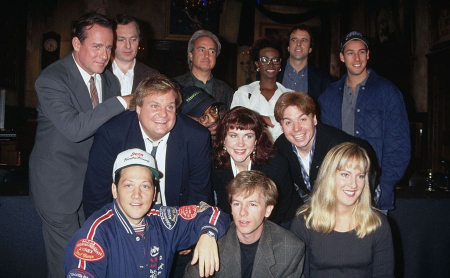 Chris Farley with the cast of SNL