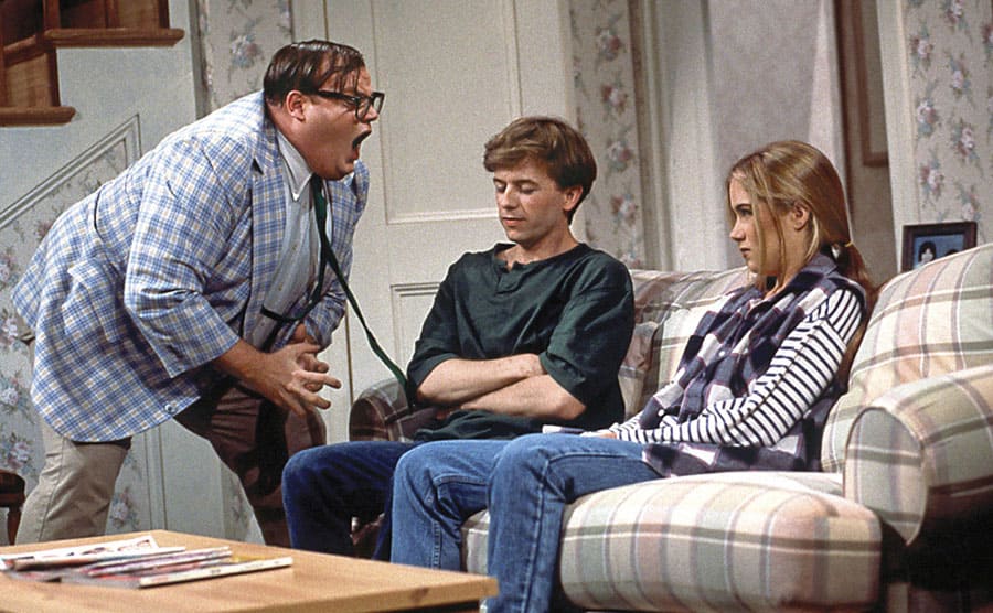 Chris Farley as Matt Foley yelling at David Spade and Christina Applegate as teenagers in a scene from SNL