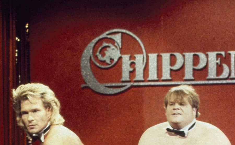 Patrick Swayze and Chris Farley dancing on a Chippendale’s stage