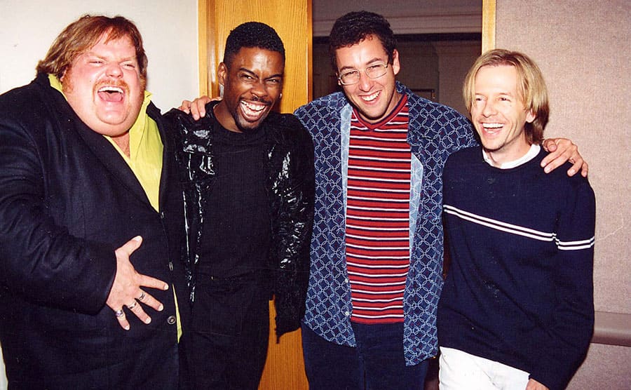 Chris Farley, Chris Rock, Adam Sandler, and David Spade laughing together