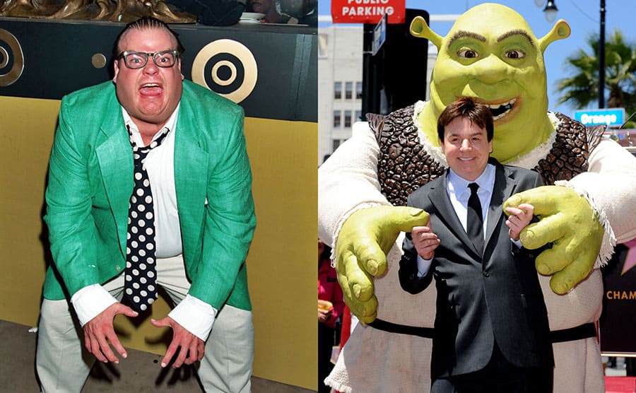 Chris Farley on the red carpet / Mike Myers posing with a lifesize Shrek doll